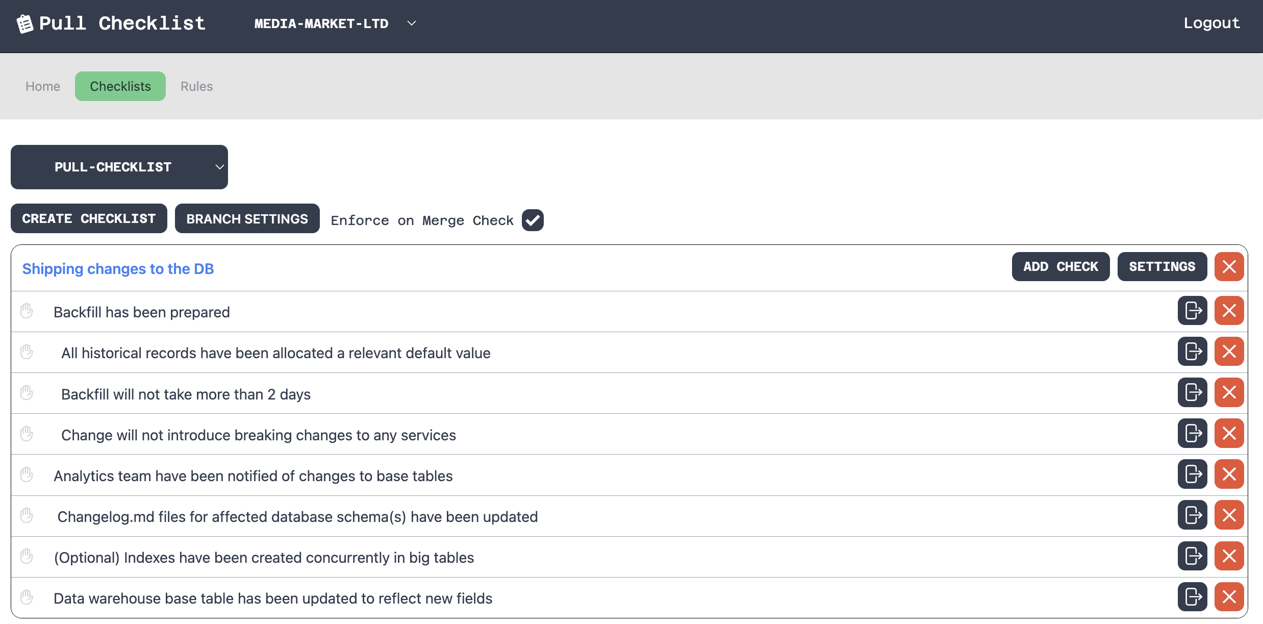 Pull Checklist main interface showing dynamic checklist creation and management for GitHub pull requests